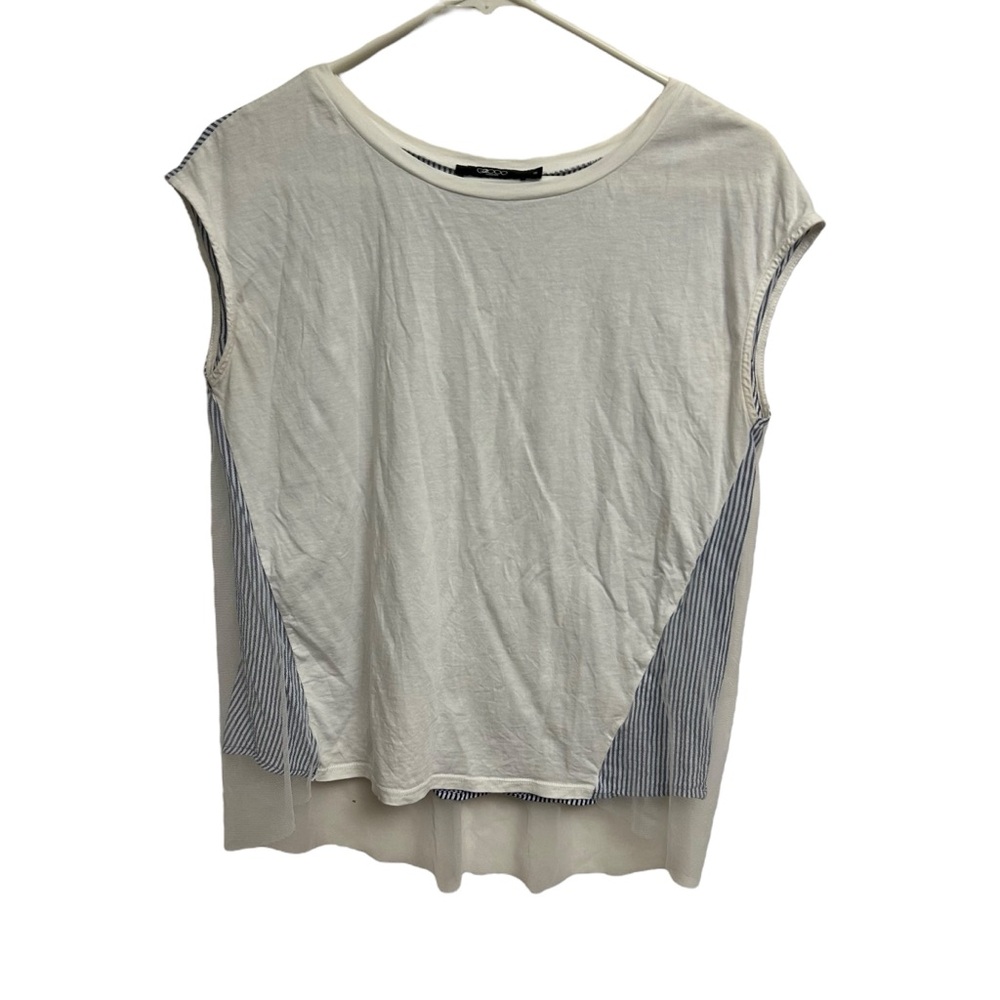 G2000 White Blue Striped Contrast Tulle Cap Sleeve Blouse Top